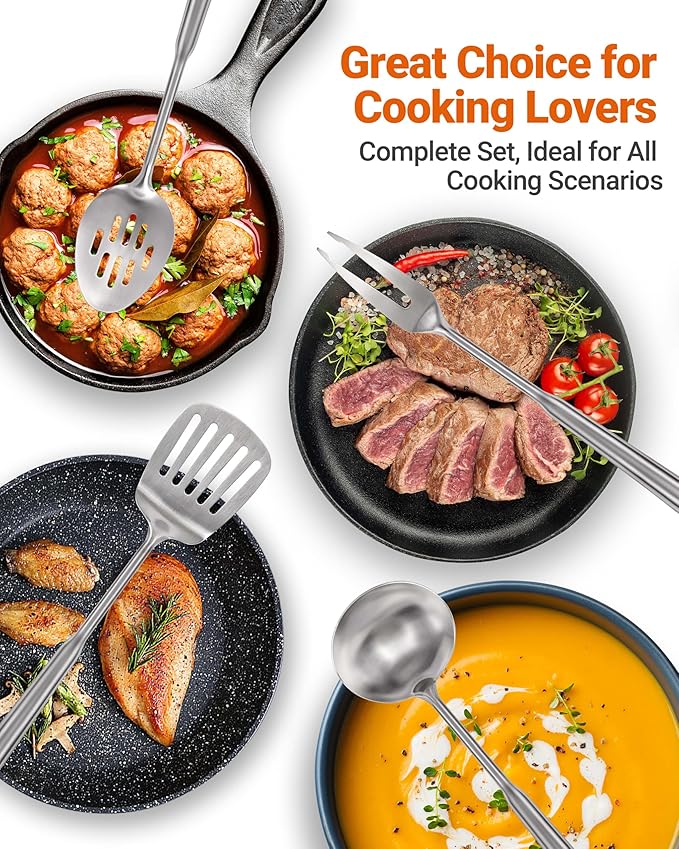 304 Stainless Steel Kitchen Utensils Set - 15PCS Long Metal Cooking Utensil Serving Utensils Set, Masher, Whisk, Turner, Serving Spoon, Fork, Tongs, Skimmer, Ladle, etc (Dishwasher Safe)