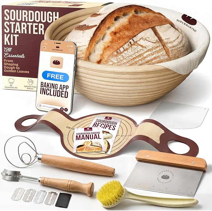 Superbaking Sourdough Starter Kit, 9" Round Banneton Bread Proofing Basket Set, Sourdough Bread Baking Supplies, Sourdough Tools with Silicone Bread Sling, Bread Making Tools, Baking Gifts
