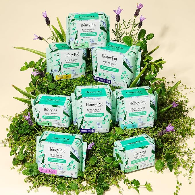 The Honey Pot Company - 80ct - Herbal Panty Liners for Women - Heavy Flow w/Wings - Infused w/Essential Oils for Cooling Effect & Organic Cotton Cover - Feminine Care