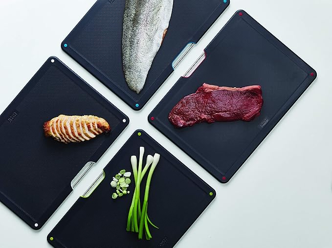 Joseph Joseph Folio 4-Piece Colour coded Cutting Board Set, Stainless Steel Slimline case for organized Kitchen storage, Black