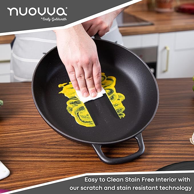 Cast Iron Dutch Oven with Lid – Non Stick Shallow Dutch Oven Pot, Oven Safe up to 500° F – Sturdy Cooking Pot – Enamelled Stockpot Cookware – Black, 3.7-Quart, 30cm – by Nuovva