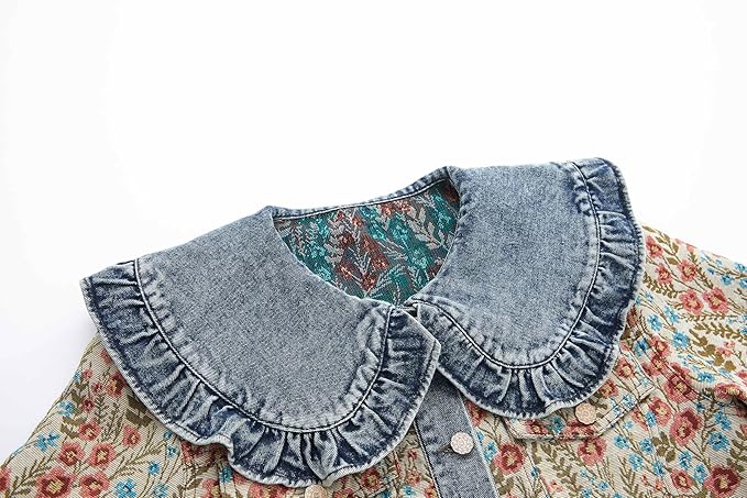 Xaspee Womens Peter Pan Collar Cropped Jean Jacket Embroidered Jacquard Long Sleeve Casual Floral Denim Jackets Coat
