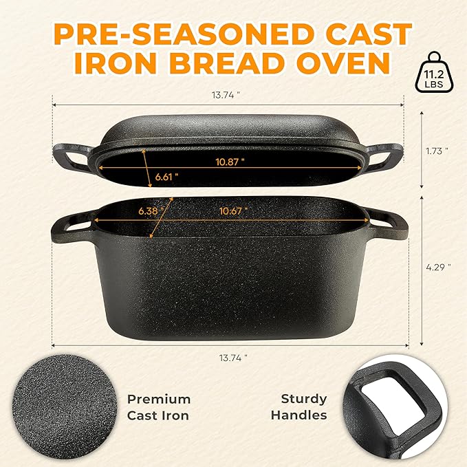 Oval Dutch Oven for Bread Baking, Pre-seasoned Bread Oven for Sourdough, Even Heat Distribution Sourdough Baking Pan, 3.6Qt