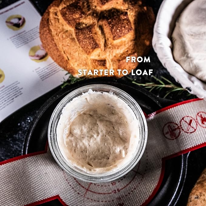 Complete Sourdough Starter Kit, Round Banneton Bread Proofing Basket with Glass Sourdough Jar, Danish Whisk, Lame, Bench Knife & Dutch Oven Sling, Sourdough Bread Baking Supplies Tools