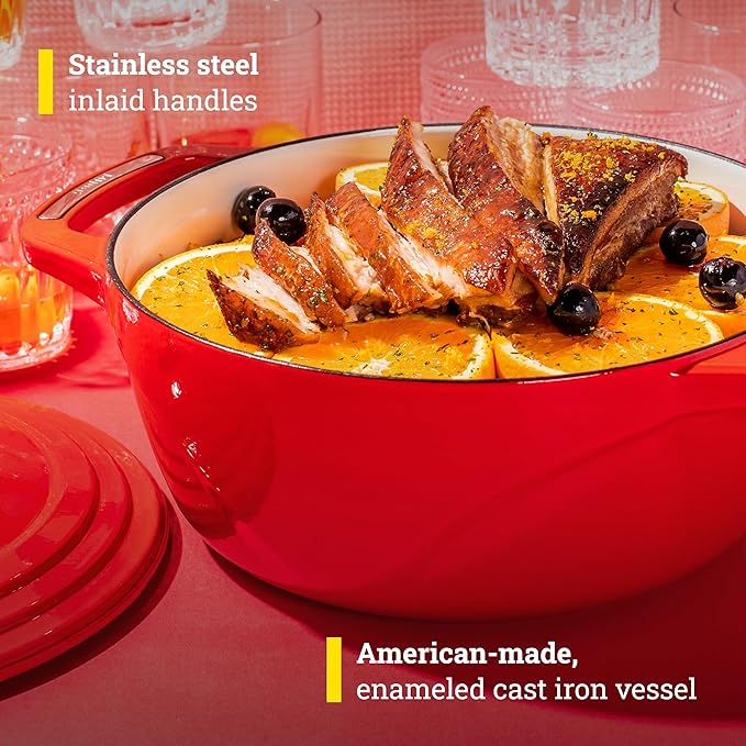 Lodge USA Enamel 6 Qt Enameled Cast Iron Dutch Oven - Cast Iron Cookware - Dutch Oven Pot with Lid - Cherry On Top Color - 6 Qt Capacity