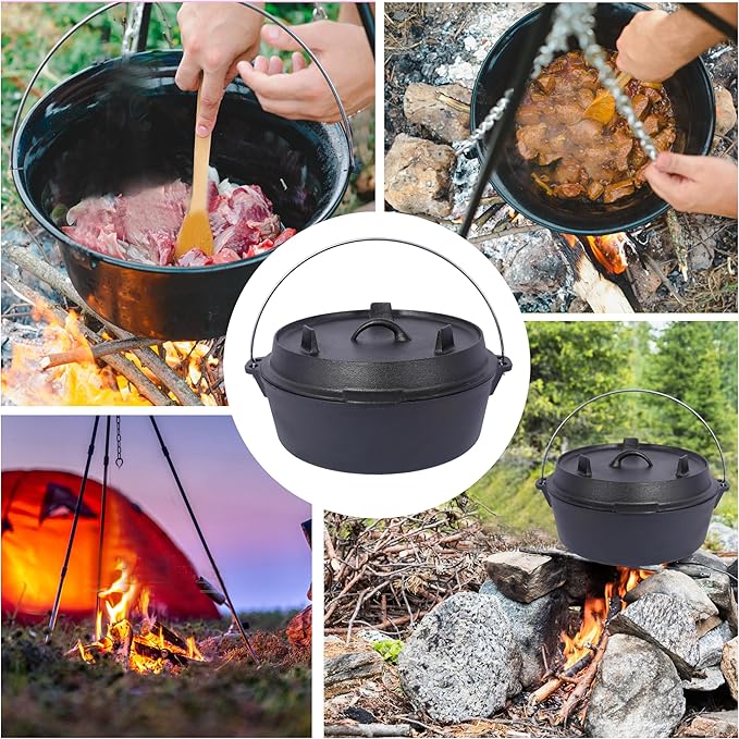 Pre-Seasoned Cast Iron Dutch Oven with Skillet Lid - 6 Quart Outdoor Camping Pot, Iron Pot Rack Included for Fireplace BBQ, Baking & Campfire Cooking