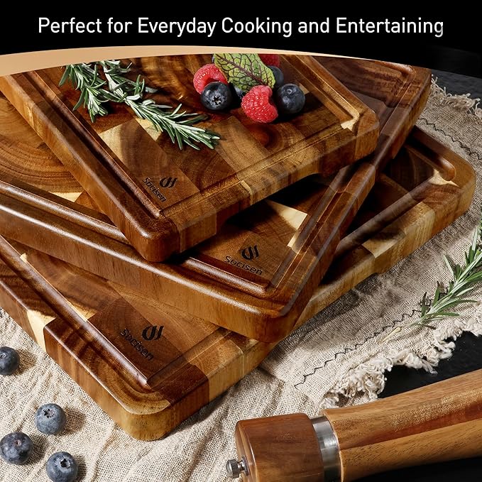 End Grain Cutting Board Set of 3 with Non-slip Feet, Reversible Acacia Wood Cutting Boards for Kitchen with Juice Grooves and Handles Non Toxic Chopping Board Butcher Block Serving Tray Kitchen Sets