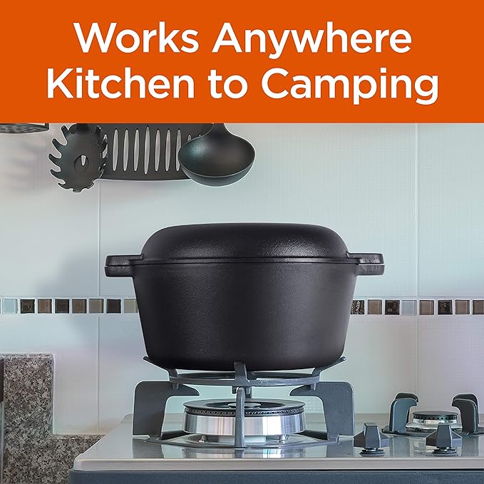 Commercial Chef 2-in-1 5-Qt. Dutch Oven with 10.25-Inch Skillet Lid, Pre-Seasoned Cast Iron, Works on All Cooktops Including Induction, Outdoor Cookware for Campfires or Grills, CHFL508