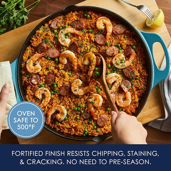 Rachael Ray Nitro Cast Iron Skillet with Side Handles, 14 inch, Agave Blue