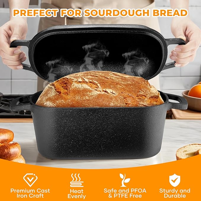 Oval Dutch Oven for Bread Baking, Pre-seasoned Bread Oven for Sourdough, Even Heat Distribution Sourdough Baking Pan, 3.6Qt