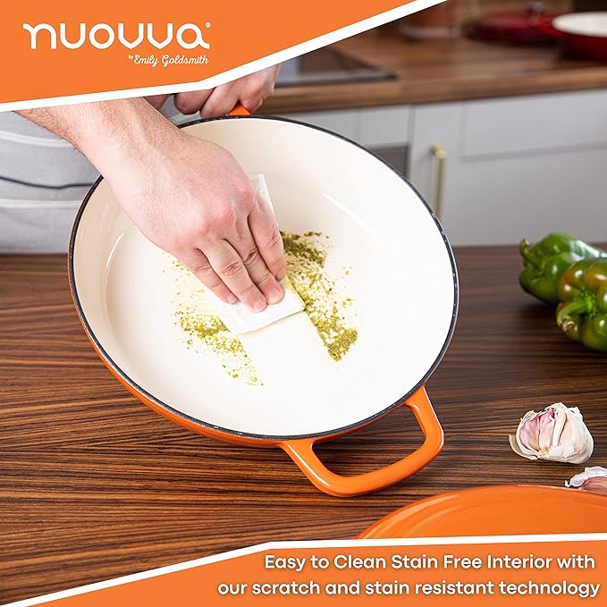 Cast Iron Dutch Oven with Lid – Non Stick Shallow Dutch Oven Pot, Oven Safe up to 500° F – Sturdy Cooking Pot – Enamelled Stockpot Cookware – Orange, 3.7-Quart, 30cm – by Nuovva