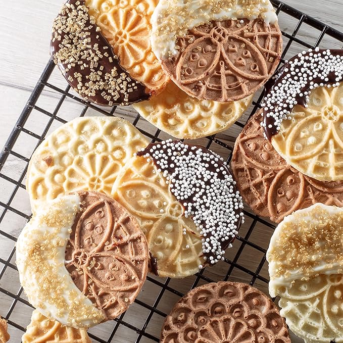 Piccolo Pizzelle Baker- Nonstick Electric Press Makes 4 Mini Cookies at Once, Even Heating- Fun Baking Machine w Recipe Guide, Supplies for Easter Brunch Party, Italian Waffle Dessert Treat Making
