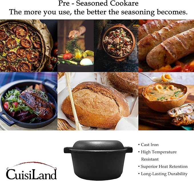Cuisiland 5QT Cast Iron Combo Cooker – Pre-Seasoned Dutch Oven with 10’’ Skillet Lid – 2-in-1 Multipurpose Cookware for Baking, Searing, Roasting & Frying – Oven & Campfire Safe