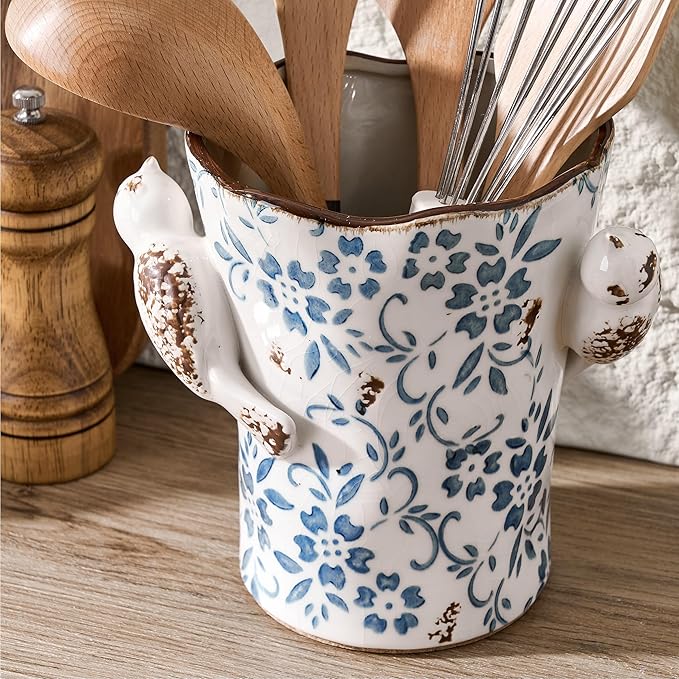 6.34“H Utensil Holder for Kitchen Counter, Modern Farmhouse Cooking Utensil Holder and Crock Home Kitchen Decor, Ceramic Utensil Organizer for Spatula, Ladle, Eggbeater, Rolling Pin- Blue and White