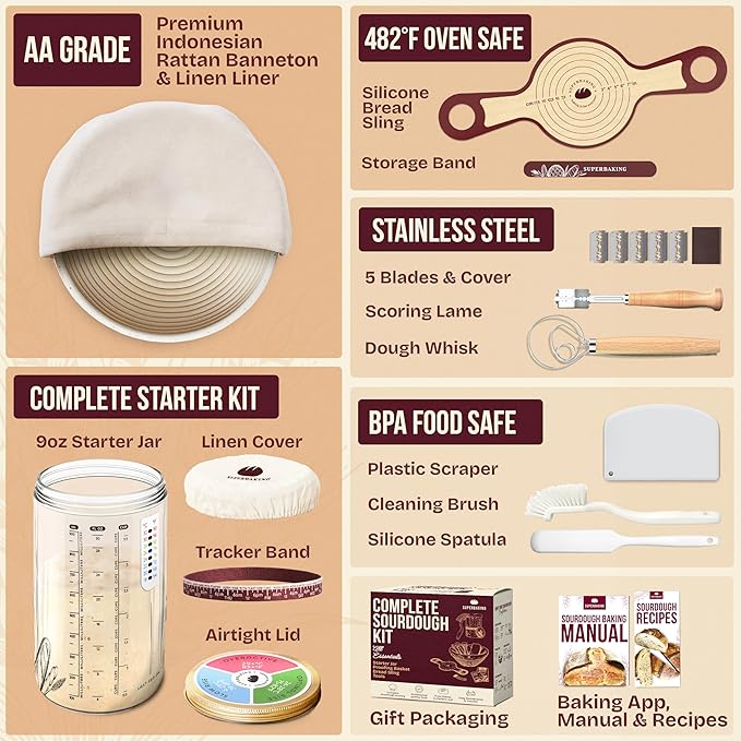 Superbaking Sourdough Starter Kit, 9" Splinter-Free Banneton Bread Proofing Basket Set with Non-Stick Silicone Dough Sling & Glass Starter Jar Kit, Sourdough Bread Baking Supplies, Sourdough Tools