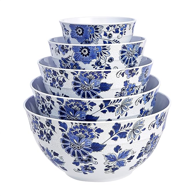 Amazon Basics Nesting Melamine Mixing Bowls with Lids and Non-Slip Base, Dishwasher Safe, Space Saving, 5 Sizes, Blue and White Floral, Set of 10