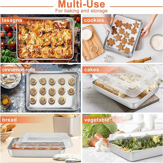 Herogo Baking Pan with Lid, 8 x 10 Inch Nonstick Rectangle Stainless Steel Cake Pan Sheet, Deep Cakes Bakeware with Lid for Brownies Casseroles, Non Toxic & Dishwasher Safe, Set of 4