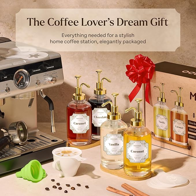 Glass Coffee Syrup Dispenser for Coffee Bar - Set of 4 Gold 500 ml / 16.9 oz Glass Syrup Bottles, Includes 2 Bamboo Trays, 16 Stencils, Labels, Coffee Bar Accessories