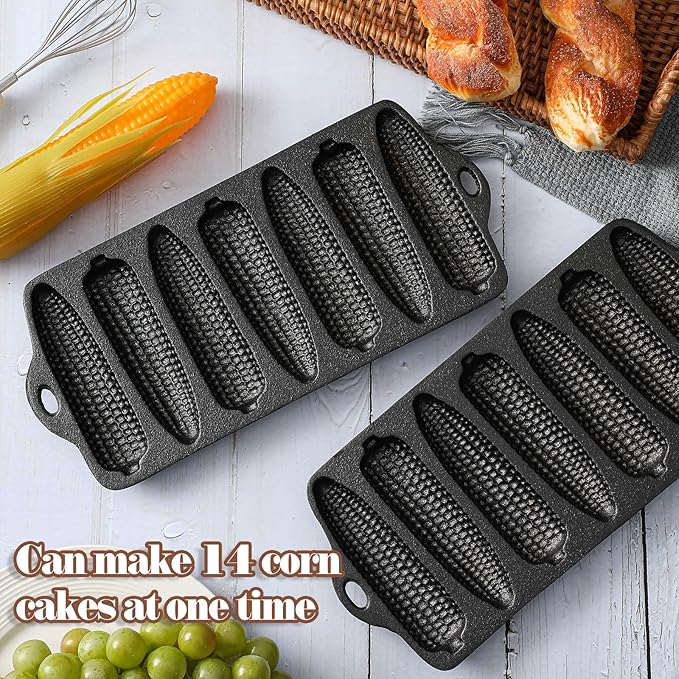 2 Pcs Cast Iron Corn stick Pan Corn Bread Molds with 7 Corncob Sticks Cornbread Loaf Cakes Corndog Baking Compatible with Oven, Stovetop, Grill, and Campfires