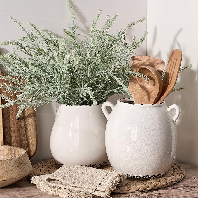 JIEMEI HOME Kitchen Utensil Holder for Kitchen Counter, 6.3" Ceramic Rustic Utensil Crock for Countertop, Farmhouse Cooking Tool Organizer, Spatula Holder For Kitchen Decor, Antique Cracked White