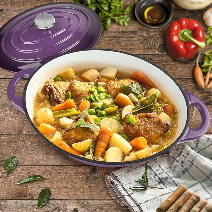 5.5 Quart Oval Enameled Cast Iron Dutch Oven Pot with Lid, Oven Safe up to 550° F & Dishwasher Safe, Sturdy Dutch Oven Cookware (Purple, 5.5 QT)