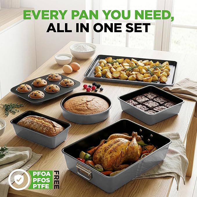 NutriChef 8-Piece Nonstick Stackable Bakeware Set - PFOA, PFOS, PTFE Free Baking Pans Set w/Non-Stick Coating, 450°F Oven Safe, Round Cake, Loaf, Muffin, Wide/Square Pans, Cookie Sheet (Gray)
