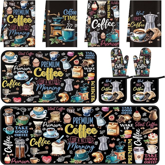 10 Pcs Coffee Kitchen Decor Set Coffee Kitchen Dish Towels Oven Mitts and Pot Holders Farmhouse Rugs Mats Vintage Black Potholders for Chef Baking Cooking Grilling BBQ Women Accessories Gift