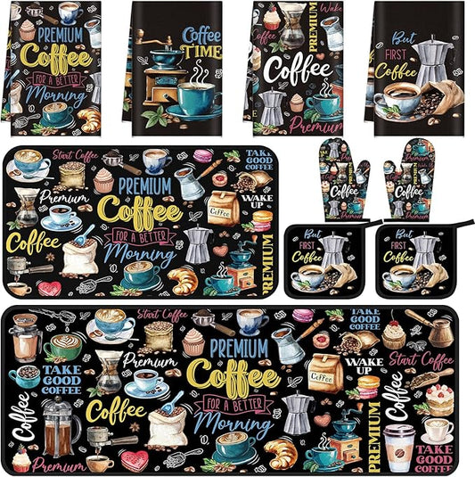 10 Pcs Coffee Kitchen Decor Set Coffee Kitchen Dish Towels Oven Mitts and Pot Holders Farmhouse Rugs Mats Vintage Black Potholders for Chef Baking Cooking Grilling BBQ Women Accessories Gift