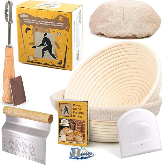 Round Banneton Bread Proofing Basket Set of 2 – 9” Natural Rattan Baskets with Linen Liners, Bread Lame & Dough Scrapers – Classic Sourdough Baking Set for Home Bakers