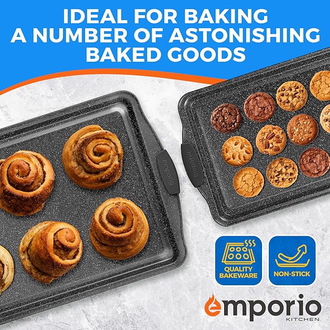 Baking Pan Set - Nonstick Coating, Carbon Steel Bakeware Sets with Gray Silicone Handles, PFOA, PFOS, PTFE Free, Recipe Booklet Included, Oven Safe Tray (Up To 450° F), Set of 3 - Gray