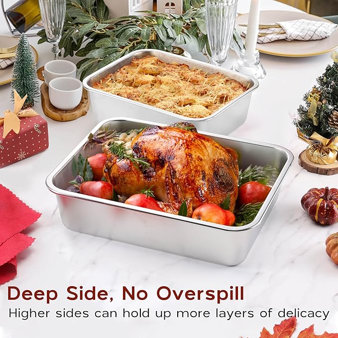 Onader Lasagna Pan, 3 Inch Deep Baking Pans for Oven, Stainless Steel Rectangle Lasagna Cake Baking Dish, 2 Pack - 10⅝ x 8¼ & 12¾ x 10 Inch