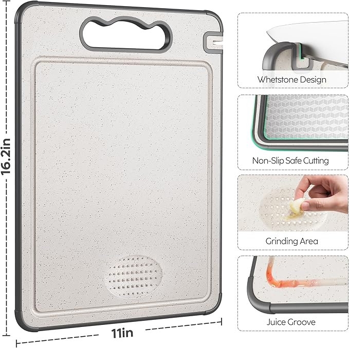 Double Sided 304 Stainless Steel & Wheat Straw Cutting Board, 16"*11" Non Toxic Lightweight Chopping Board, Separately Handle Meat and Vegetables, Dishwasher Safe, Scratch Resistant Mesh Design