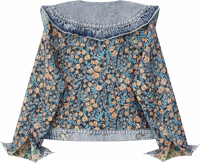 Xaspee Womens Peter Pan Collar Cropped Jean Jacket Embroidered Jacquard Long Sleeve Casual Floral Denim Jackets Coat