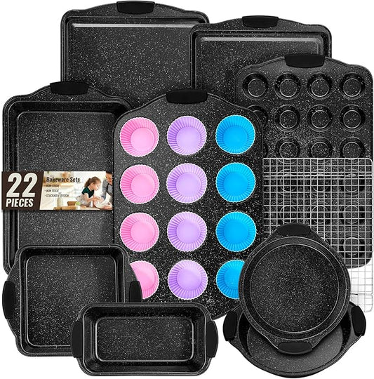 Baking Pans Set Nonstick, Bakeware Sets Stackable with Silicone Handles, AIVIKI 22 Pieces Oven Pan for Cooking Including Baking Cookie Sheet with Rack, Roast Pan, Cake Pan, Loaf Pan, Muffin Pan, Black