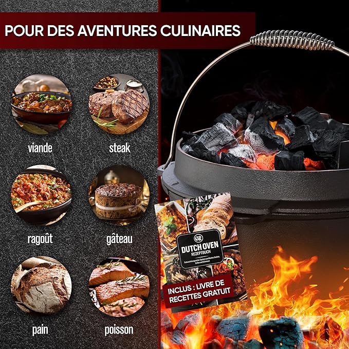 Pre-Seasoned Dutch Oven Set - 7 Quart Cast Iron Dutch Oven Pot with Lid, Fire Pot with Feet for Bread Baking & Cooking - Includes 2-in-1 Lid Lifter, Brush & Recipe Book [for 3-5 People]