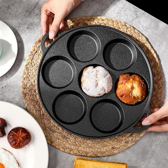 Tioncy 2 Pcs Cast Iron Biscuit Pan Cast Iron Muffin Seasoned Mini Cake Scone Donut Pie Pan for Baking, Egg, Corn Bread, Cupcakes & Dessert(Round Style)