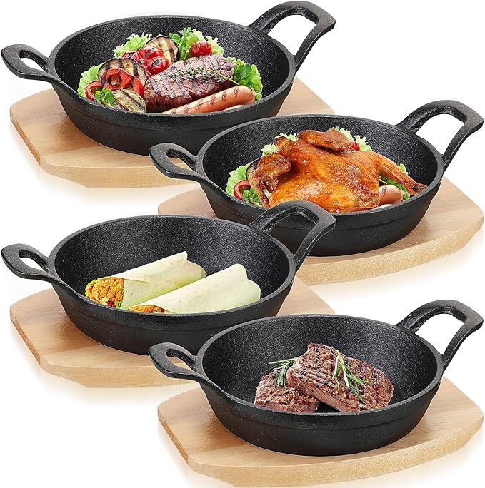 Sliner 4 Sets Mini Cast Iron Skillet Small Cast Iron Plates Skillet with Wooden Base Small Round Pan Fajita Plate Pot for Baking Cooking(7.1 Inches)
