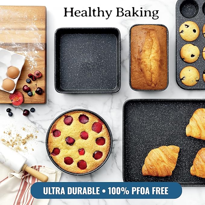 Granitestone 20-Piece Nonstick Pots and Pans Set with Bakeware & Steamer, Complete Kitchen Ceramic Cookware Set, Deep Frying Pan, Non-Toxic PFOA PFOS Free, Dishwasher & Oven Safe, Red Speckle