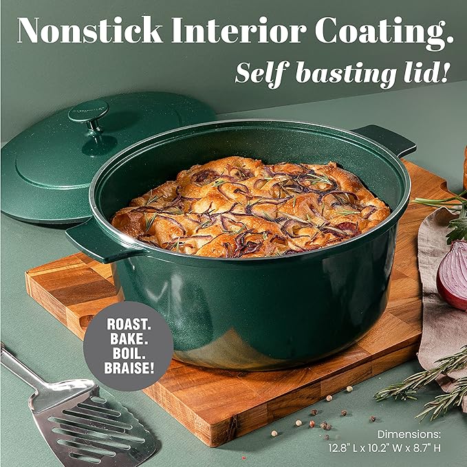 Granitestone Dutch Oven, 6.5 Quart Ultra Nonstick Enameled Lightweight Aluminum Dutch Oven Pot with Lid, Round 6.5 Qt. Stock Pot, Dishwasher & Oven Safe Induction Capable 100% PFOA Free, Emerald Green