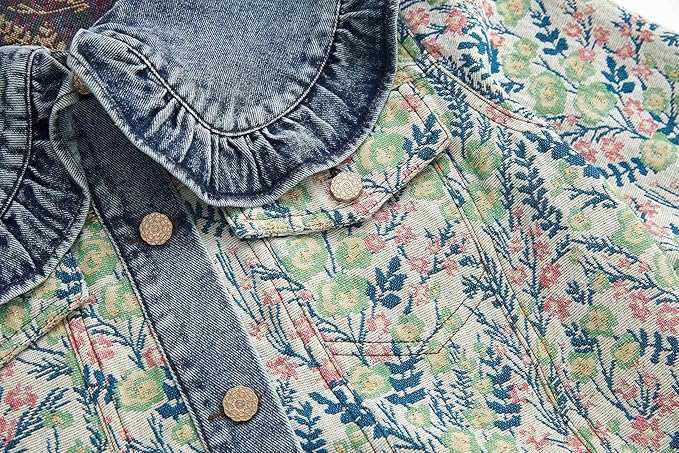 Xaspee Womens Peter Pan Collar Cropped Jean Jacket Embroidered Jacquard Long Sleeve Casual Floral Denim Jackets Coat