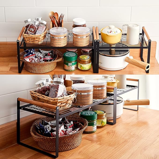 2-Pack Stackable Organizer Set-Versatile Storage Solution for Cabinets and Countertops-Kitchen and Pantry Shelf, Spice Rack - Space-Saving Design-Metal Wire-Black