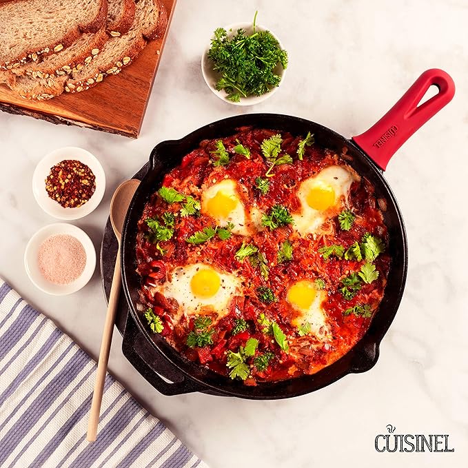 Cuisinel Cast Iron Skillet with Lid - 12"-Inch Frying Pan + Glass Cover + Silicone Handle Holder - Pre-Seasoned Oven Safe Cookware - Indoor/Outdoor Use - Grill, BBQ, Fire, Stovetop. PFAS and PFOA-free