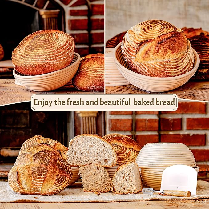 Round Banneton Bread Proofing Basket Set of 2 – 9” Natural Rattan Baskets with Linen Liners, Bread Lame & Dough Scrapers – Classic Sourdough Baking Set for Home Bakers